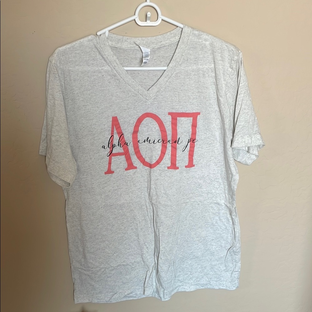 AOII / Alpha Omicron Pi Gray V-Neck T-Shirt with Red Greek Letters Lg